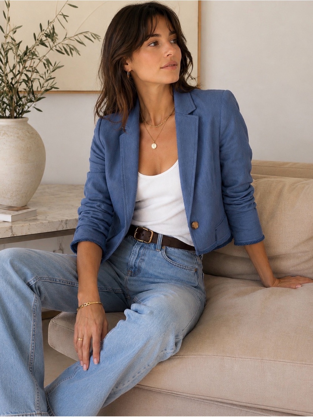 Anthropologie Cropped Blue Blazer Frayed Trim Cotton Jacket Size 10
